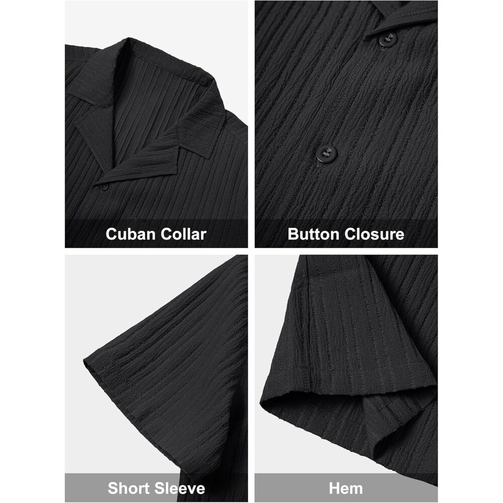 Men Black Casual Cuban Lightweight Short Sleeve Button Down Shirt Textured Beach - Picture 2 of 6